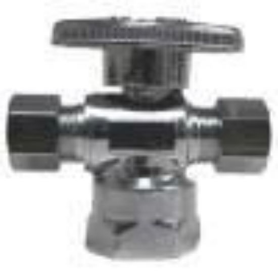 Picture of 1/2 Fip X 1/4 Cmp X 3/8" Cmp 3-Way Supply-Stop Quarter-Turn Finish Chrome-Plated