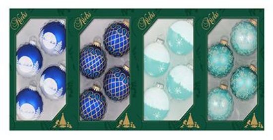 Picture of Blue Decorated Glass Ornaments Assorted 3 Boxes Each 2-5/8" Santa 2-5/8" Tear-Drop 2-5/8" Snowflakes...