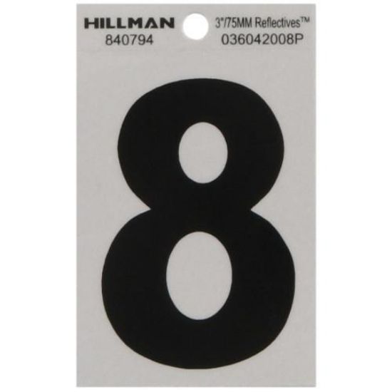 Picture of Self-Adhesive Number Mylar Black On White Reflective Square 3" 8