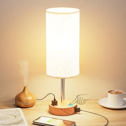 Picture of Table Lamp 3 Way Dimmable Touch Lamp Usb C Charging Ports And Ac Outlet Wood Base Round Flaxen Fabri...
